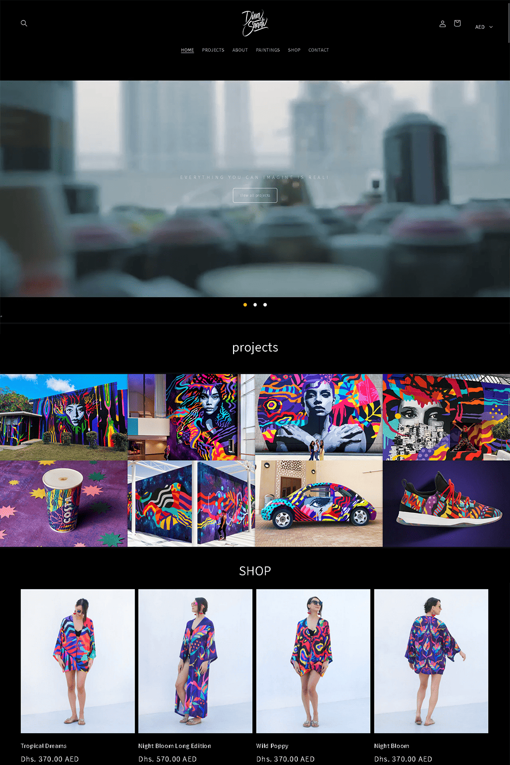 An image showcasing an e-commerce store for mural artist Dina Saadi, created by the GrowthGrid team.