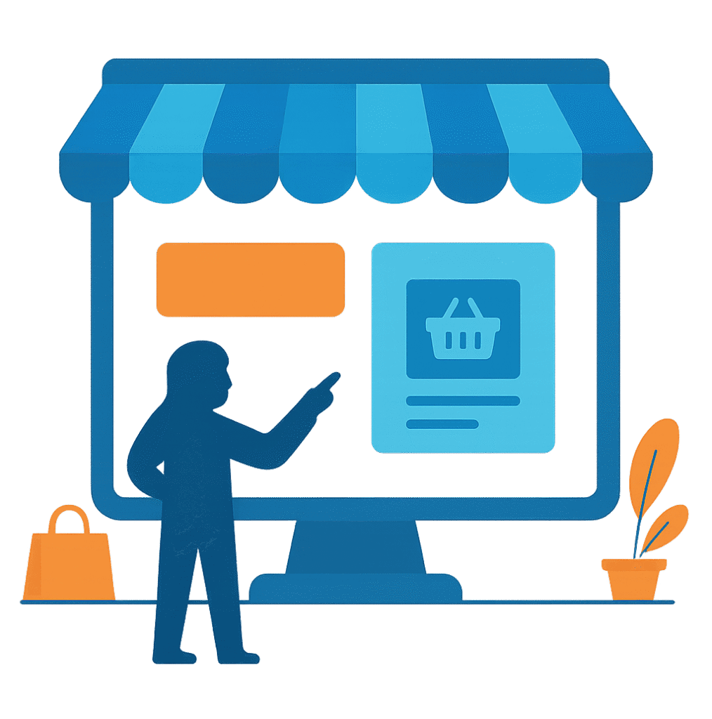 image represent Woman interacting with an online marketplace interface displayed on a computer screen, with a shopping bag nearby, illustrating e-commerce.